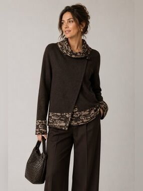 A. IDA Italy Wrap Cardigan Medium Wool Blend Shawl Collar Brown Layered Sweater